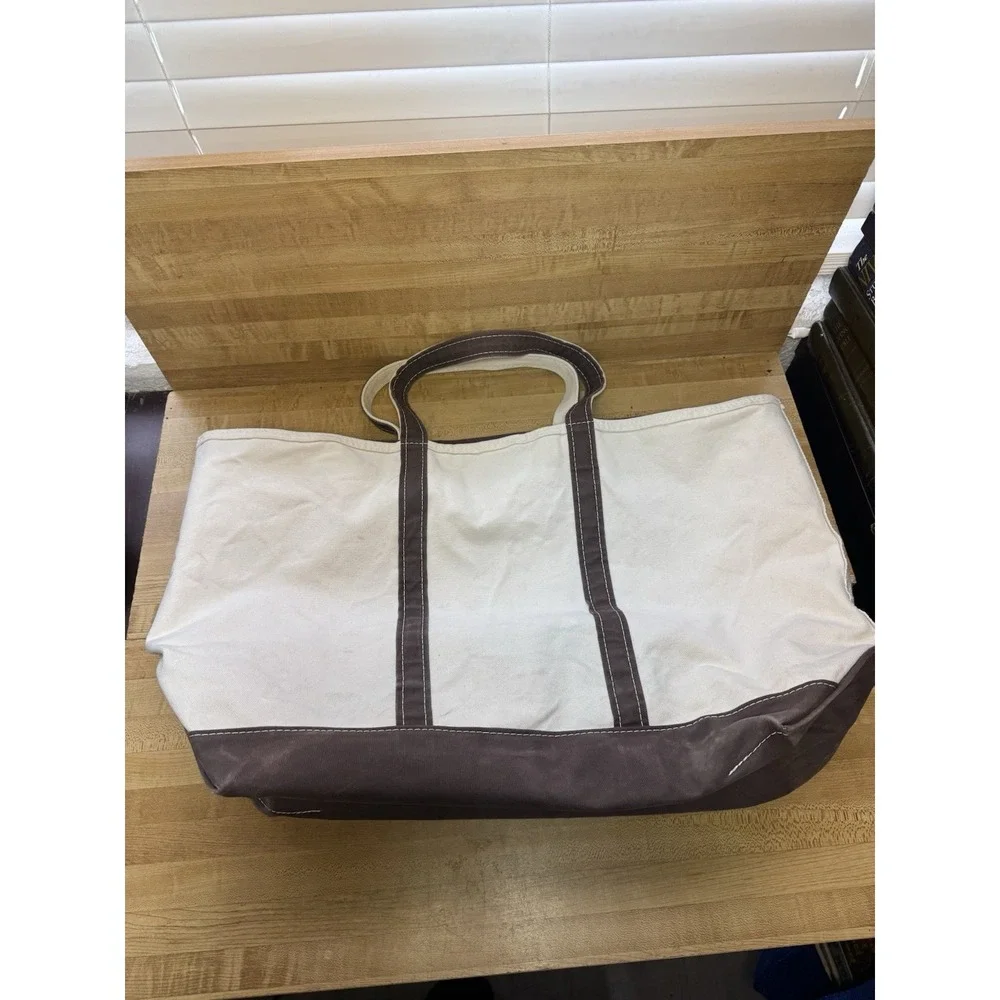 Vintage 90s LL Bean XL Boat & Tote Bag White/Brown Canvas Zipper USA Made